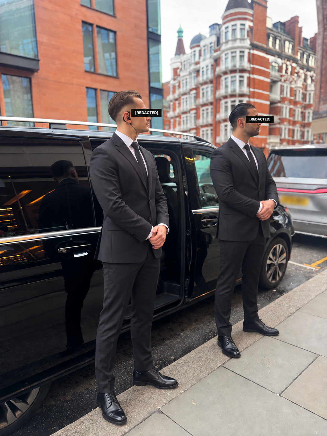 Security operatives beside a discreet chauffeur vehicle